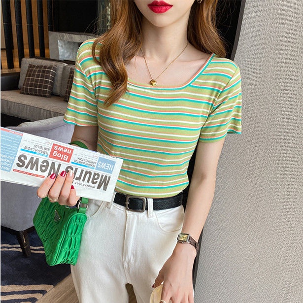 Áo Thun Cotton Cổ Vuông Ngắn Tay Họa Tiết Kẻ Sọc Thời Trang Mùa Hè Hàng Mới Dành Cho Bạn Nữ 2022