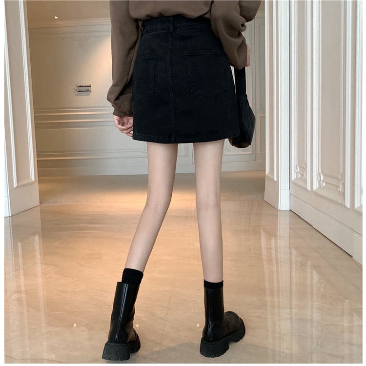 NZN Chân váy denim NZN màu đen lưng cao phối nút thời trang mùa hè cao cấp cho nữ