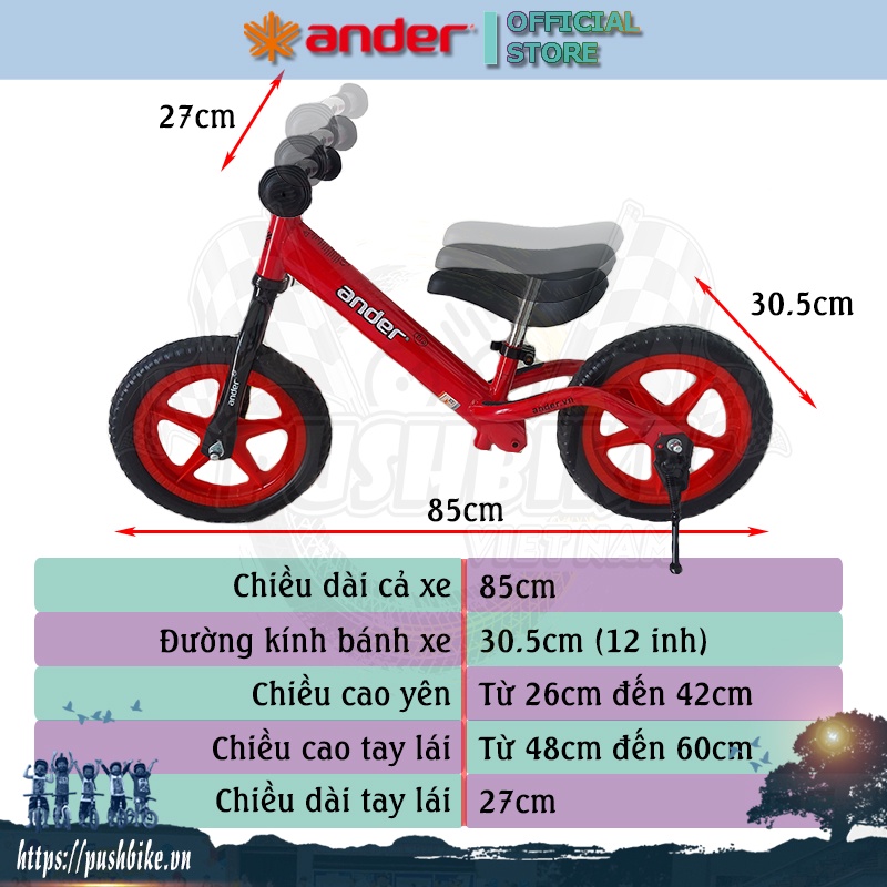 Xe thăng bằng cho bé Ander Pro - Hợp kim thép, sơn tĩnh điện, nặng 2.9kg