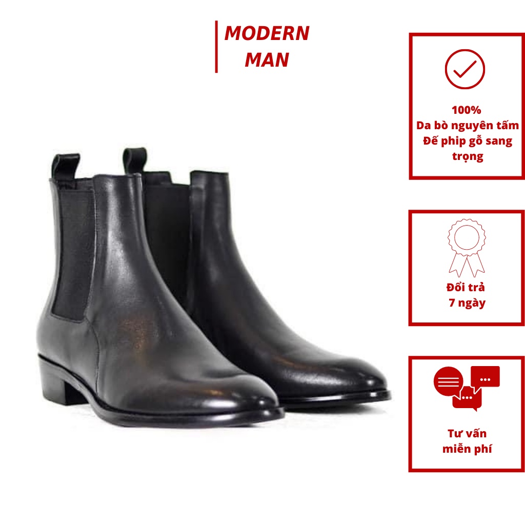 Giày (Bốt Nam) Chelsea Boots  Da Bò Đế Gỗ Cao 4cm BH 12 Tháng