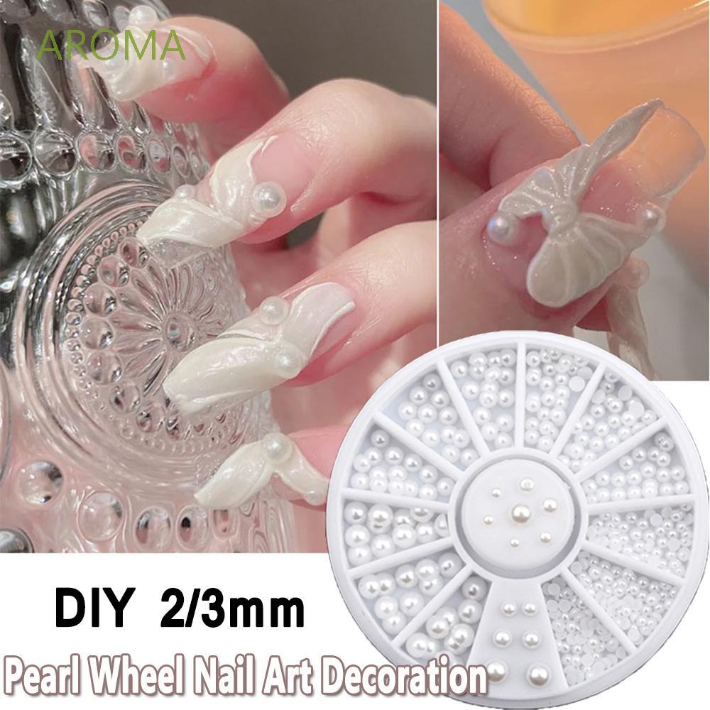 Hộp bánh xe đựng hạt ngọc trai nửa hình tròn 3D trang trí móng tay nghệ thuật thủ công 2/3mm màu trắng/màu be