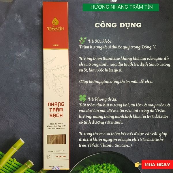 Nhang hương sạch Trầm Tín, nhang trầm sạch dòng Gold Class mùi trầm thơm dịu, thuần vị trầm, hôp 100g ~ 100 cây dài 40cm