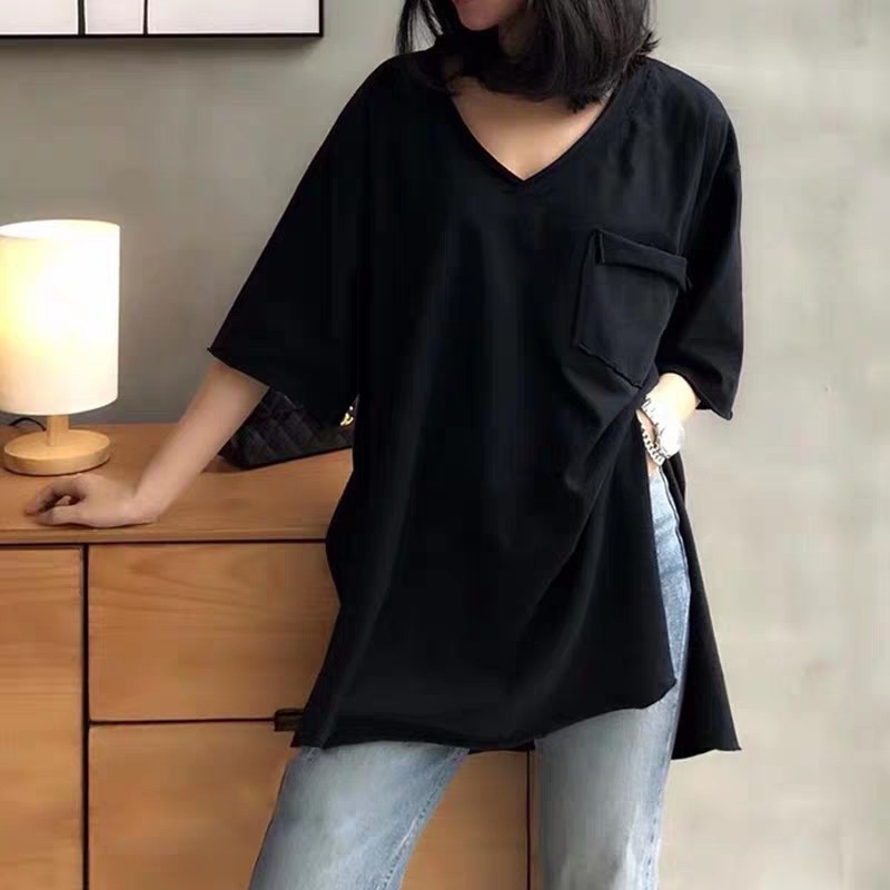Áo Phông Cộc Tay Cổ Tim XẺ TÀ Có Túi Cực Mát
