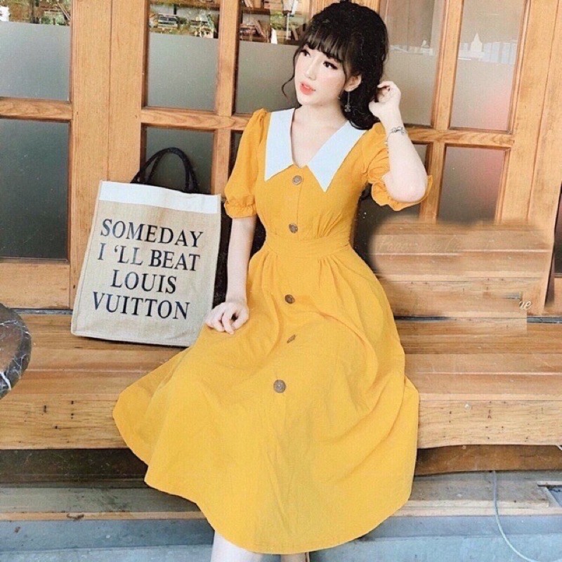 Đầm váy sơ mi vàng cổ trắng