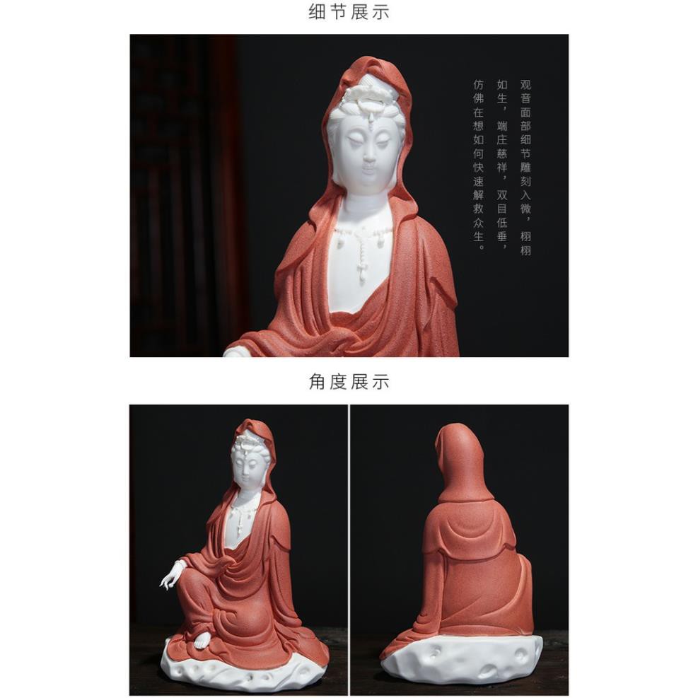 Tượng Quan Âm gốm trắng tọa thiền tịnh tâm- Tượng phật gốm tử sa trang trí decor ghép lũa