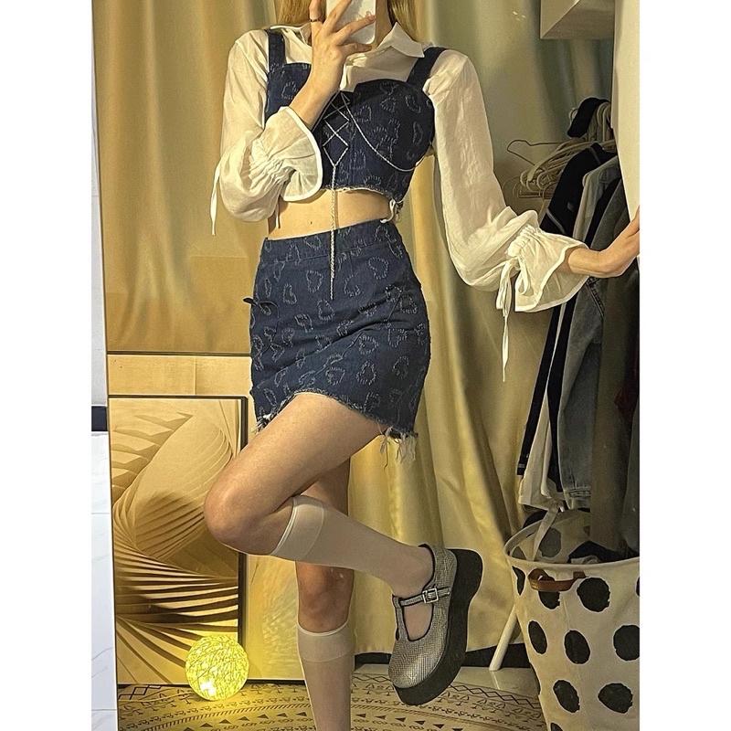 Set Ulzzang crop chân váy hoạ tiết trái tim