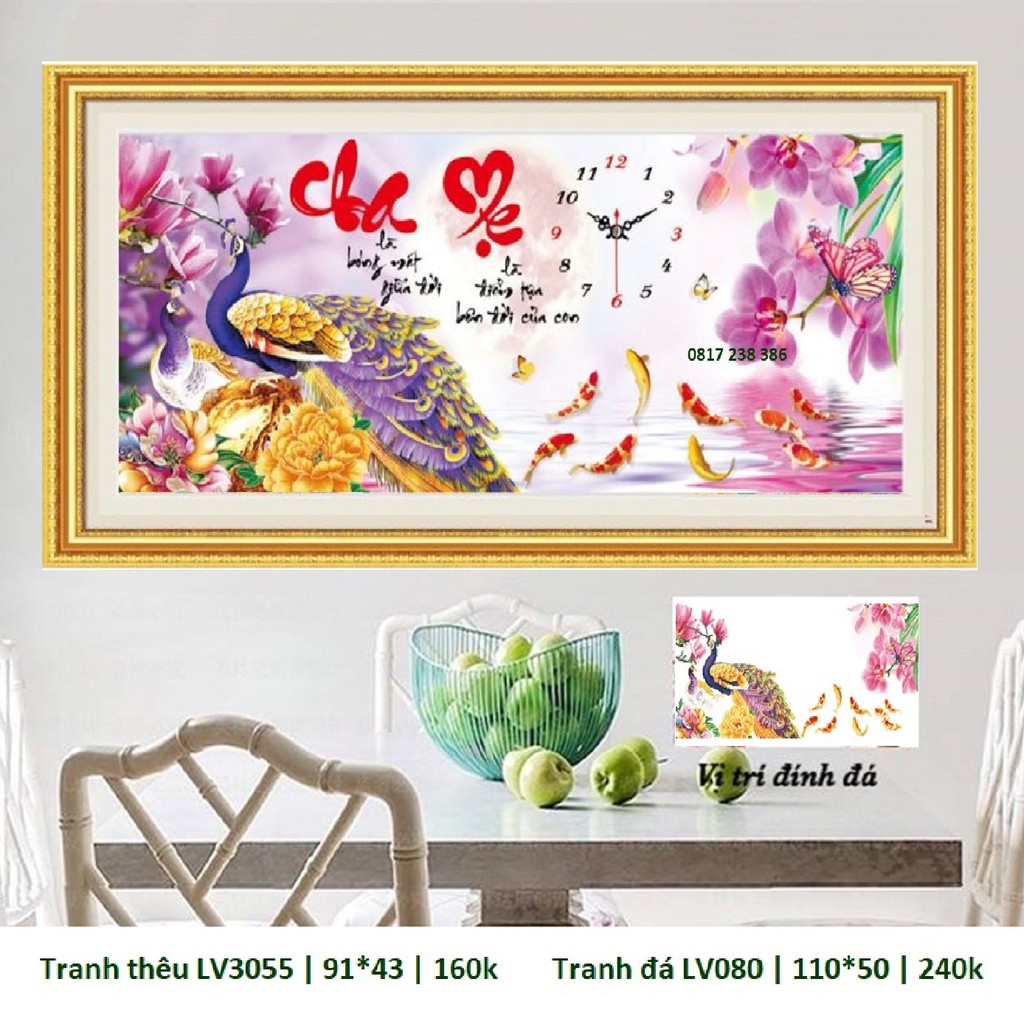 Tranh đính đá - Tranh thêu chữ thập ( giá sỉ) Cha mẹ LV078-3 tranh đá  LV3053-2 tự thêu, tranh thêu 88957 (63x 37cm)