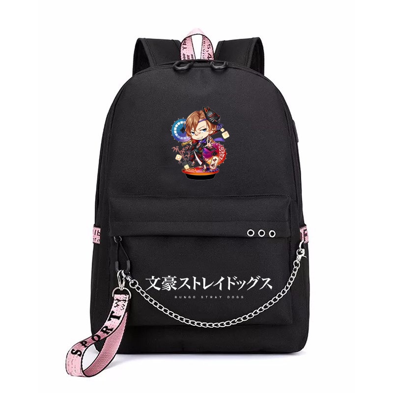 Balo thông minh đen hồng in hình Bungou Stray Dogs chibi anime cặp sách đi học