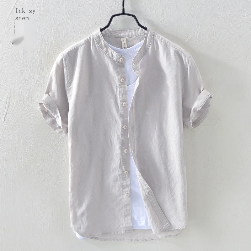 Áo Sơ Mi Nam Tay Ngắn Cổ Đứng Bằng Cotton Linen Dễ Phối Đồ