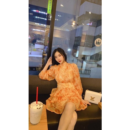 VÁY CAM HOA NHÍ CỔ CAO TAY BỒNG PHONG CÁCH TIỂU THƯ