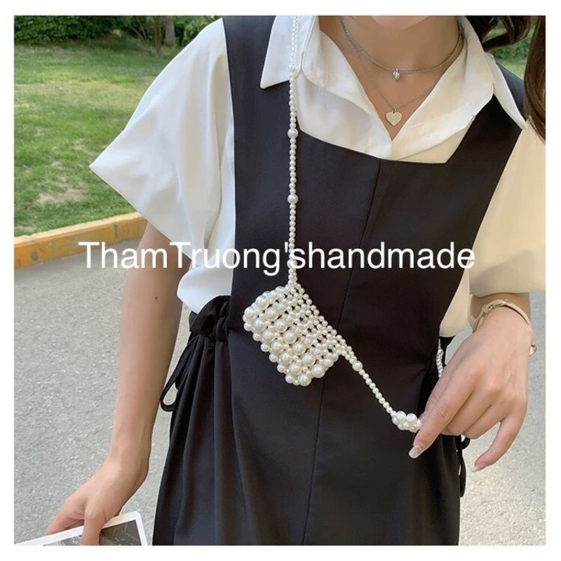 Túi đeo chéo mini ngọc trai kết quai hoa cho mẹ và bé