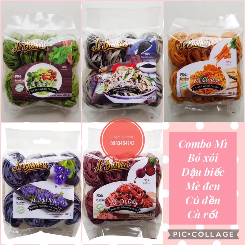 Combo 5 gói Mì rau củ hữu cơ Le Brothers mỗi gói 200g đủ vị: bó xôi, đậu biếc, mè đen, củ dền, cà rốt