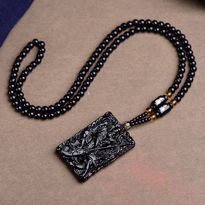 Dây Chuyền Đá Obsidian Nhân Tạo Mặt Quan Công Hai Mặt Phong Cách Thần Giá Wucai Cho Nam Và Nữ