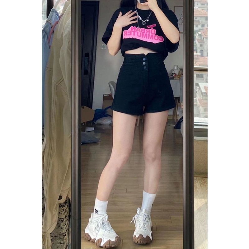 Quần Short Denim Màu Đen Lưng Cao Dáng Chữ A Thời Trang Mùa Hè 2022 Dành Cho Nữ
