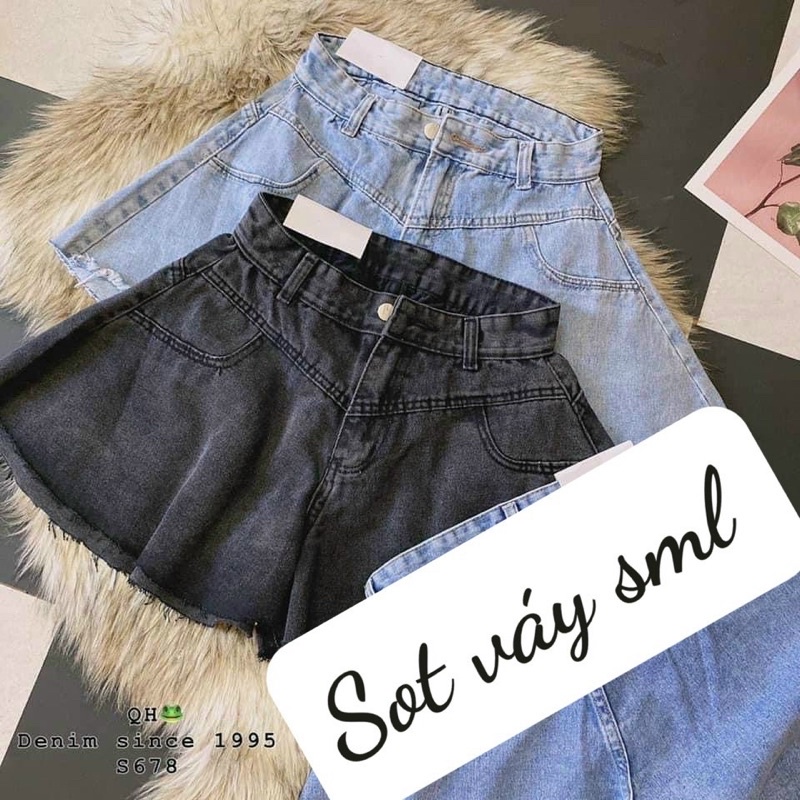 Quần đùi jeans lưng cao ống rộng, quần Short giả váy Cao Cấp - R0J