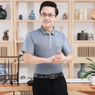 áo thun tay ngắn♘❖✓Áo thun tay ngắn cho người trung niên và cao tuổi Trang phục sơ mi nam ve mùa hè cỡ lớn có cổ