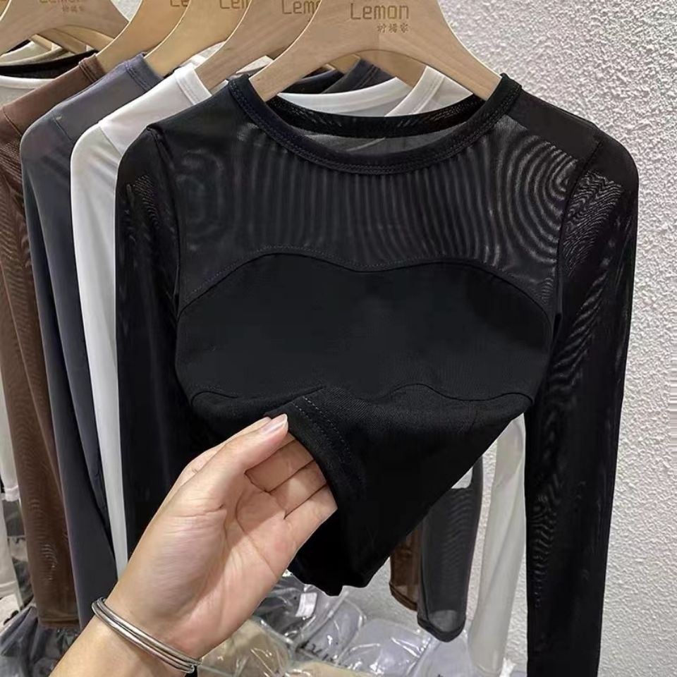 Áo Thun Dài Tay Giả Hai Lớp Phối Lưới Thời Trang Xuân Thu Cho Nữ