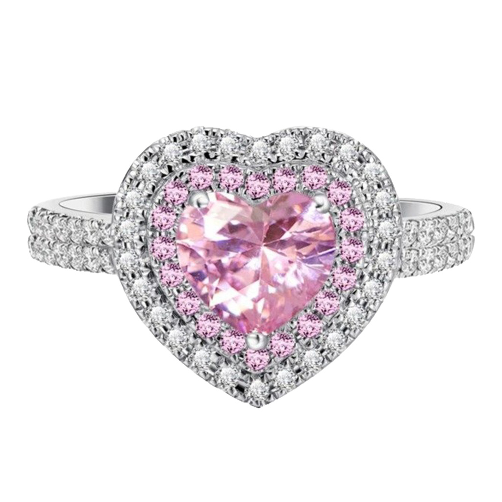 City_Pink Heart-shaped Rhinestone Ring Platinum Plated  Women Jewelry Accessories