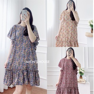 Váy suông hoa nhí tay xòe xếp kiểu, đầm xuông rộng freesize phối đuôi cá, khóa kéo sau 3 màu mã V257 - Michi's House