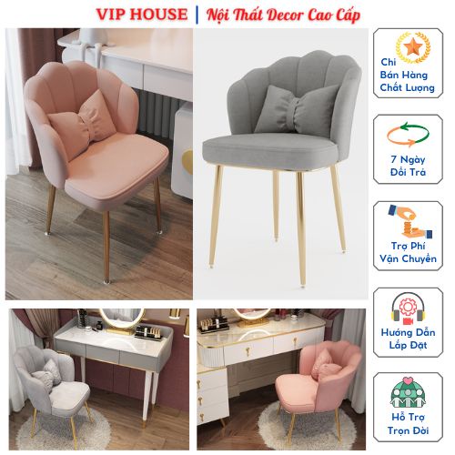 Ghế Ngồi Bàn Trang Điểm Nệm Nỉ Êm Ái Kèm Gối Nơ - Sofa Hiện Đại Decor Phòng Khách Tiệm Nail Khung Thép Mạ Vàng GHP027