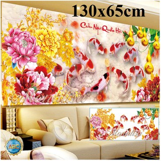 Tranh thêu chữ thập cá chép hoa mẫu đơn 3d 130x65cm