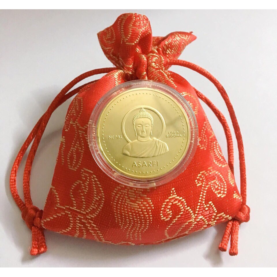 Túi đồng xu hình Phật nepal may mắn cho gia chủ, tặng túi gấm đỏ long phụng