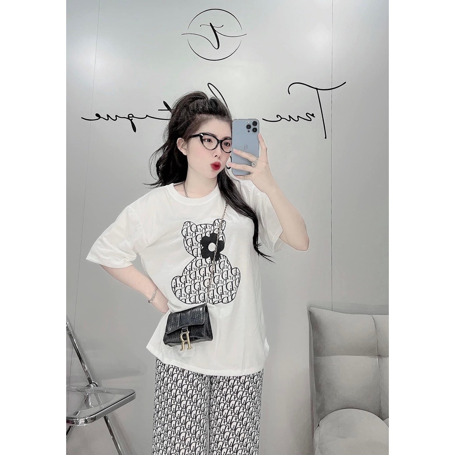 [10.10 Sale Freeship] Set bộ đồ mặc nhà, Set bộ thun tay ngắn hình gấu kèm quần dáng dài ống rộng thoải mái năng động