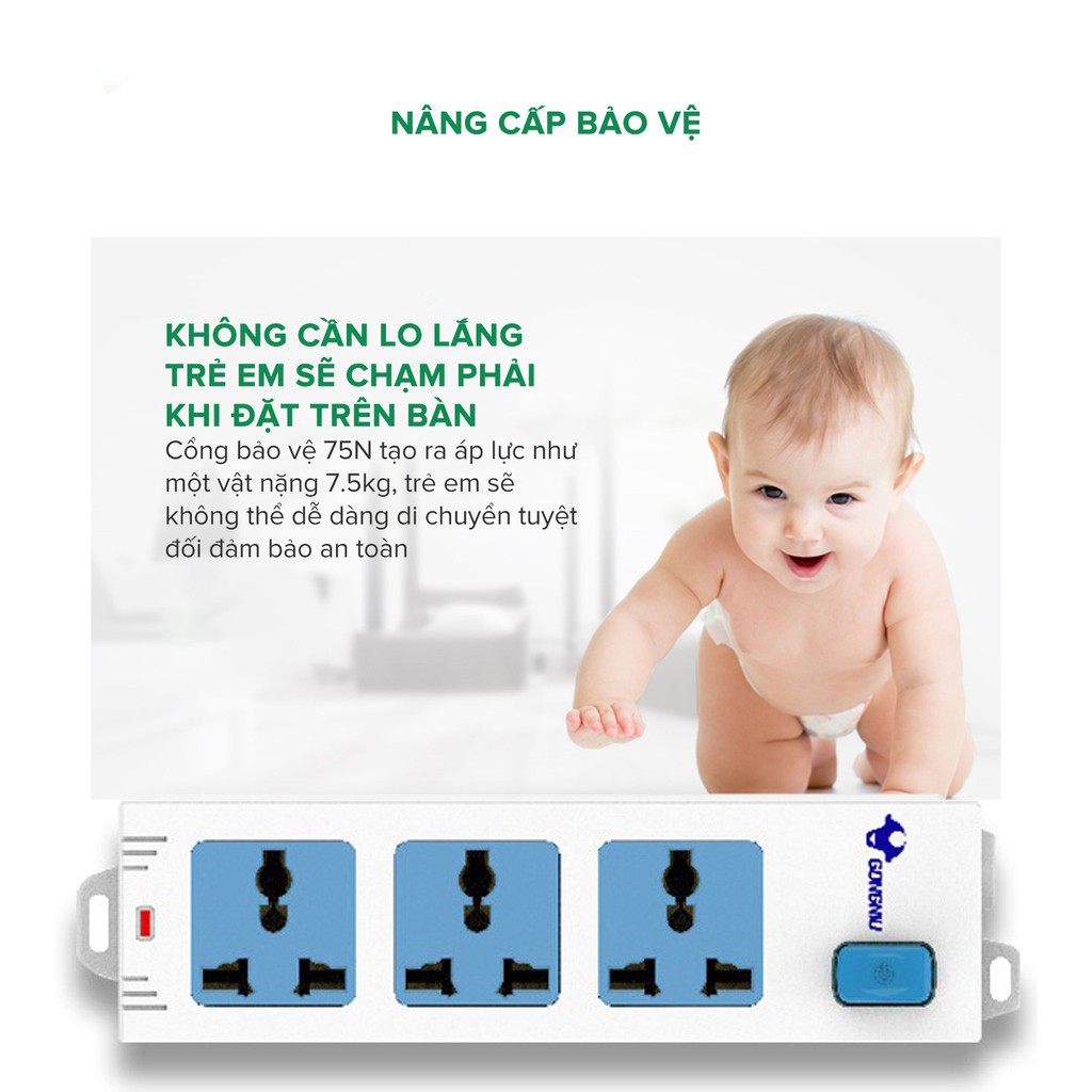 Ổ cắm điện an toàn cao cấp GONGNIU,  ổ cắm điện 3 ổ đa năng 1 công tắc chống sét, bảo hành chính hãng 3 năm 1 đổi 1