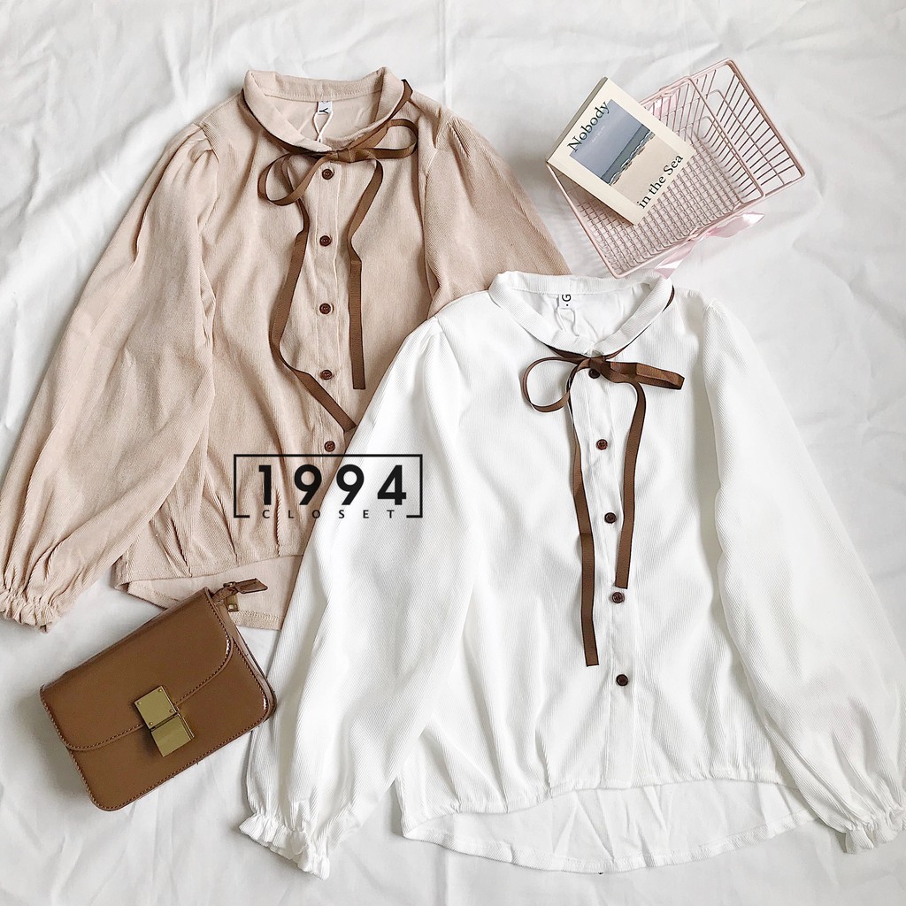 [Mã WASKT304 giảm 15% tối đa 30K đơn 99K] Áo sơ mi nhung cổ bèo nơ SA242 1994closet | BigBuy360 - bigbuy360.vn