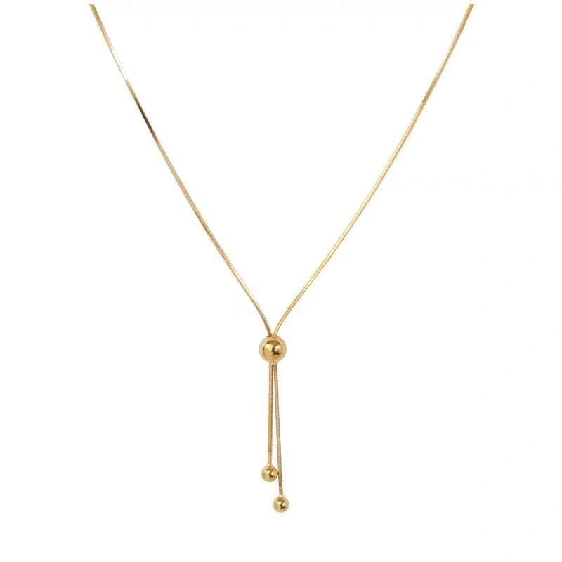 Dây chuyền bằng thép titan mạ vàng hồng 18K họa tiết xương rắn phối hạt tròn phong cách cổ điển đơn giản có thể thu gọn