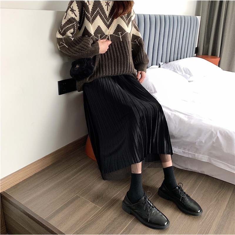 Chân Váy Midi Xếp Ly✨CHÂN VÁY NHUNG PHA REN DÁNG DÀI | BigBuy360 - bigbuy360.vn