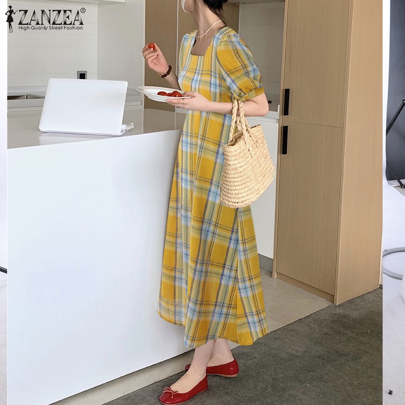 Đầm dài Zanzea tay lửng cổ vuông họa tiết sọc caro thời trang cho nữ