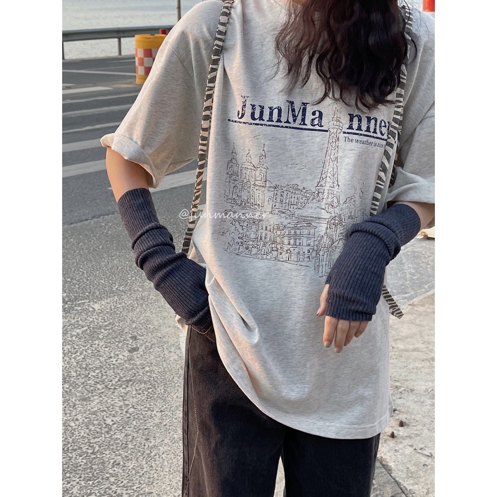 Áo Thun Tay Ngắn Cổ Tròn Màu Xám In Họa Tiết Phong Cách Retro Hàn Quốc Thời Trang Mùa Hè Cho Nữ