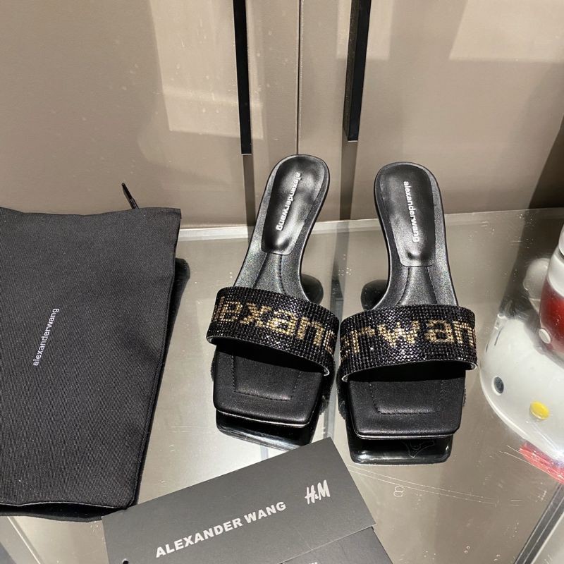 Guốc thời trang nữ mũi vuông quai ngang đính đá chữ Wang Alexander Wang AW gót 5cm