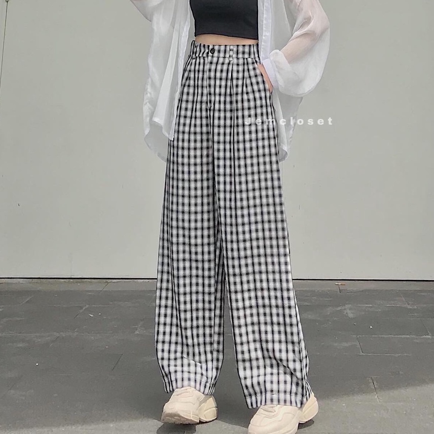 Quần Baggy Nữ Lưng Cao Kẻ Caro JEM CLOSET Quần Baggy Nữ Ống Suông YEED Chất Caro Mềm Mịn Đứng Dáng Hack Chân Dài 2398