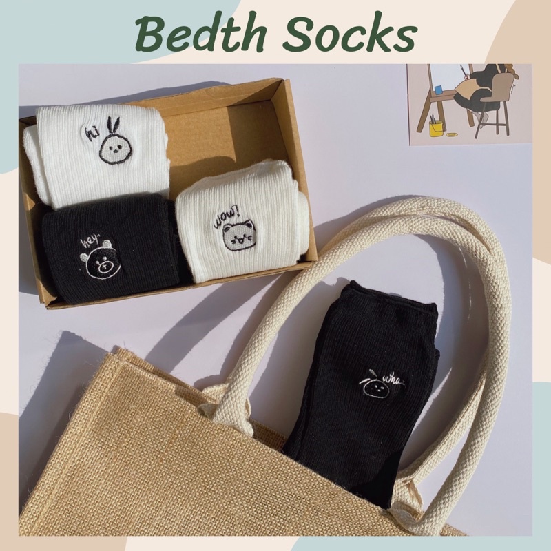 Set 4 đôi tất thêu hoạ tiết cảm xúc dễ thương kèm hộp đựng - bedth.socks