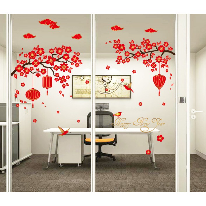 Decal trang trí tết - Cành Mai đỏ lồng đèn chữ HPNY vàng ánh