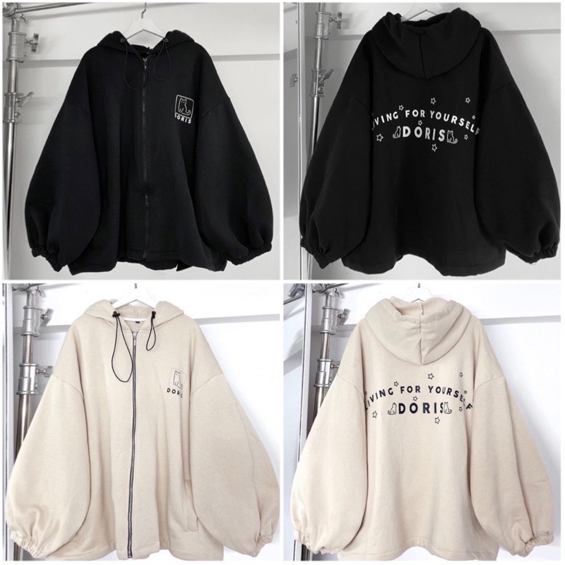 ￼Áo Khoác Hoodie Dây Kéo Hình Mèo Doris Tay Bồng Unisex Jacket Form Rộng Có Mũ Màu ĐEN |Be Ulzzang