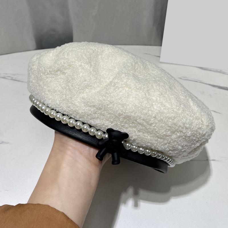 Mũ Beret Hình Gấu Đính Ngọc Trai Thời Trang Mùa Đông