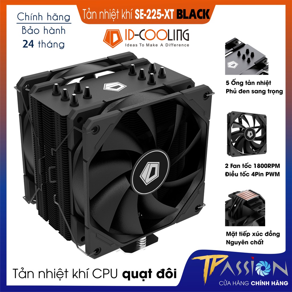 Tản nhiệt khí CPU ID-Cooling SE-225-XT BLACK - Chính hãng, 2 quạt, 5 ống đồng, tương thích Intel AMD