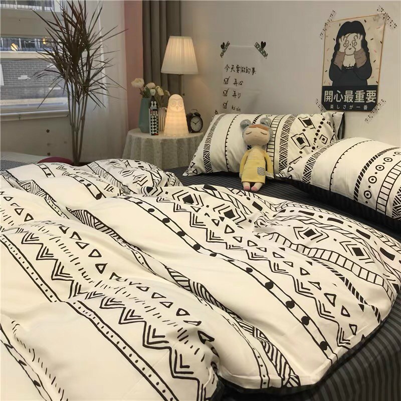 Chăn Ga Gối Cotton Living 💝 FREESHIP 💝 Bộ Chăn Ga Cotton 100% "Thổ Cẩm Trắng " nhập khẩu 4 món