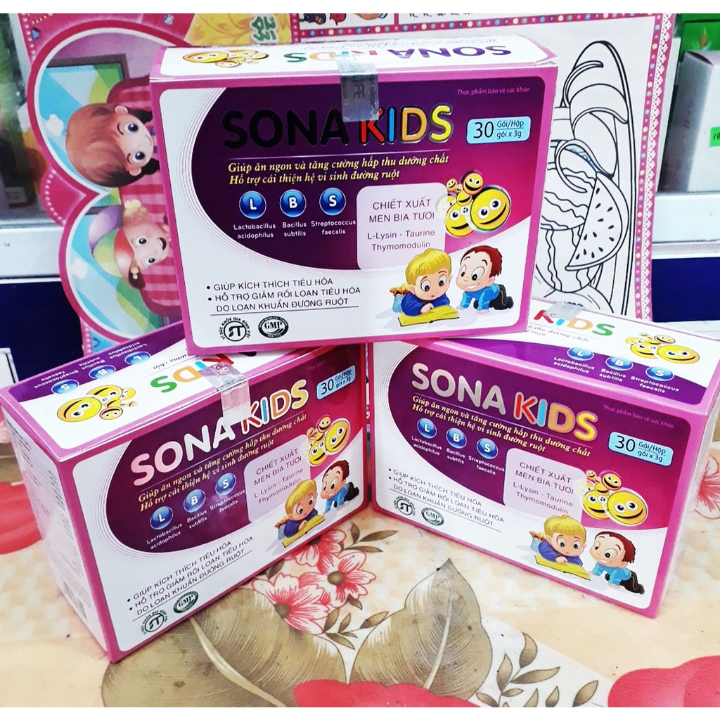 Men tiêu hóa gói trẻ em SONA KIDS, giúp ăn ngon và tăng cường hấp thu dưỡng chất, giúp cải thiện hệ vi sinh đường ruột