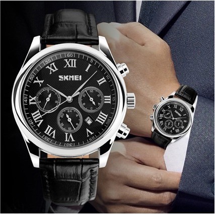 Đồng hồ nam Skmei size 40mm dây da cao cấp thời trang chạy 6 kim kính cứng chống xước, chống nước 9078