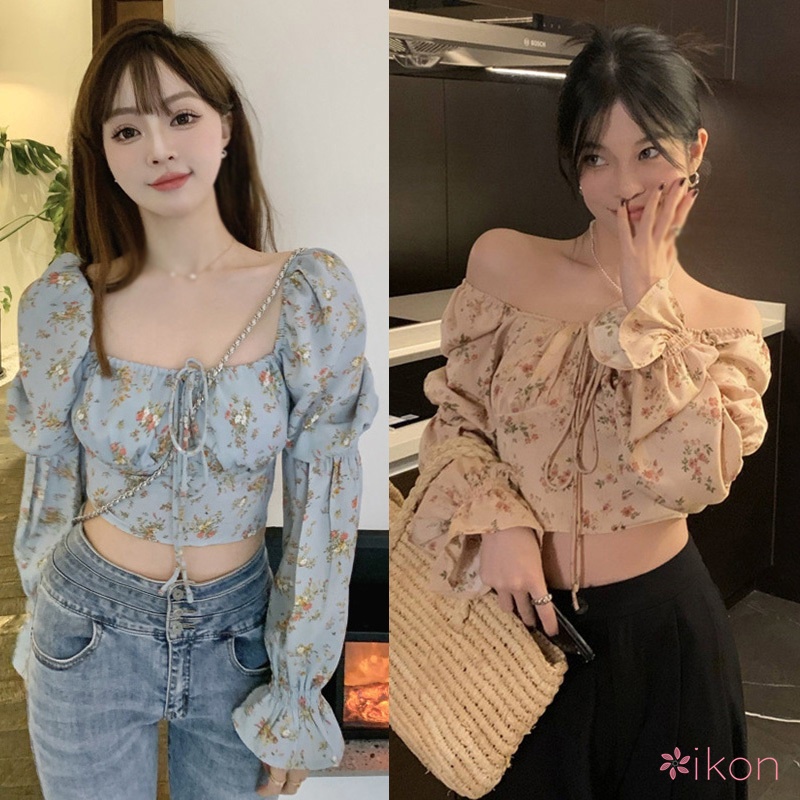 Áo Croptop Cổ Vuông Chất Liệu Chiffon Họa Tiết Hoa Quyến Rũ Cho Nữ