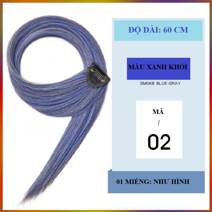 Tóc Highlight Giả Dạng Kẹp Dài 60cm Mầu Xanh Khói Phù Hợp Đi sự kiện, đi chơi, Quay tiktok, Dự Tiệc