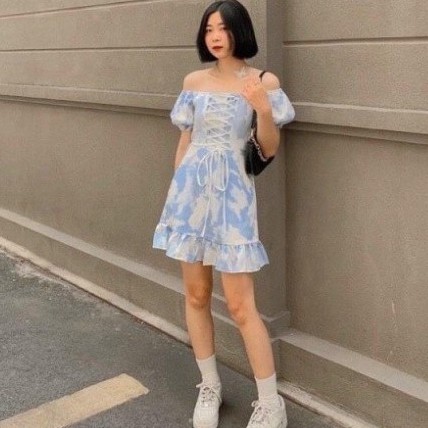 Đầm Nữ Loang Ngắn Tay Trễ Vai Dây Đan Trẻ Trung | BigBuy360 - bigbuy360.vn