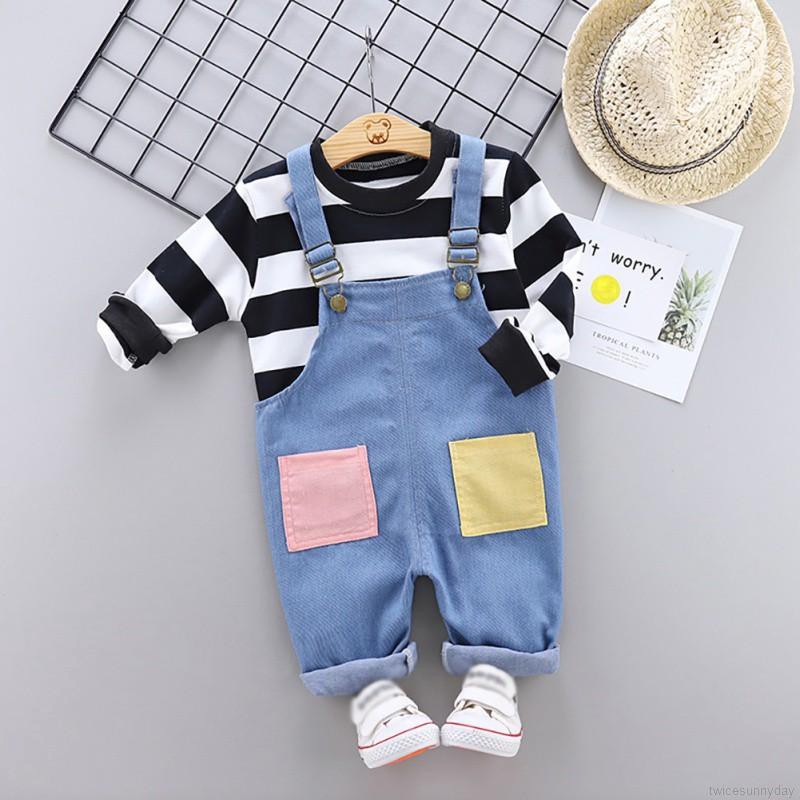Set áo thun sọc ngang + quần yếm denim cho bé