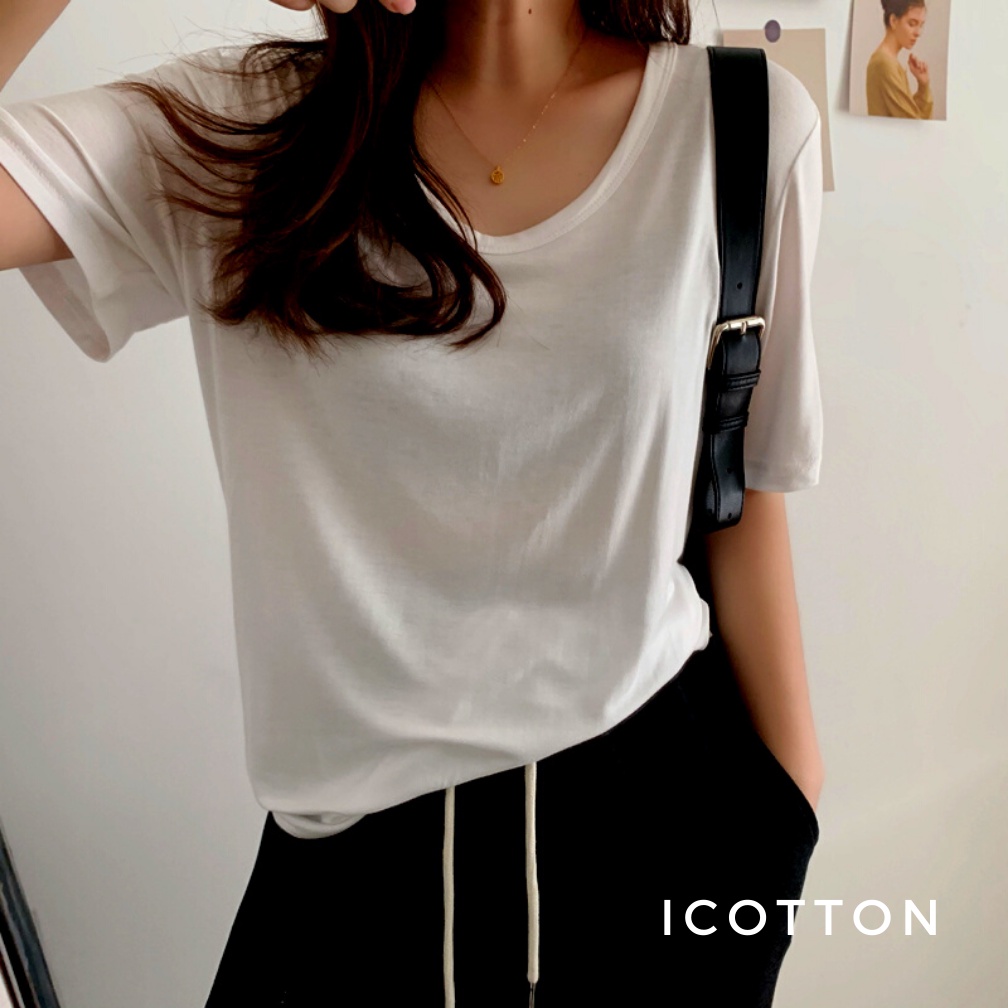 Áo thun nữ tay lỡ dáng rộng ❤️Icotton ❤️ Áo cổ tim nữ basic 100% cotton form rộng trùm mông đẹp, dày dặn