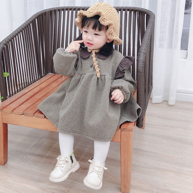 Đầm Tay Dài Cổ Búp Bê Phong Cách Hàn Quốc Thời Trang Xuân Thu 2022 Cho Bé Gái 0-4 Tuổi