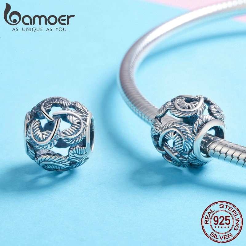 Hạt xỏ vòng tay Bamoer bằng bạc 925 hình tròn họa tiết lông vũ để làm trang sức